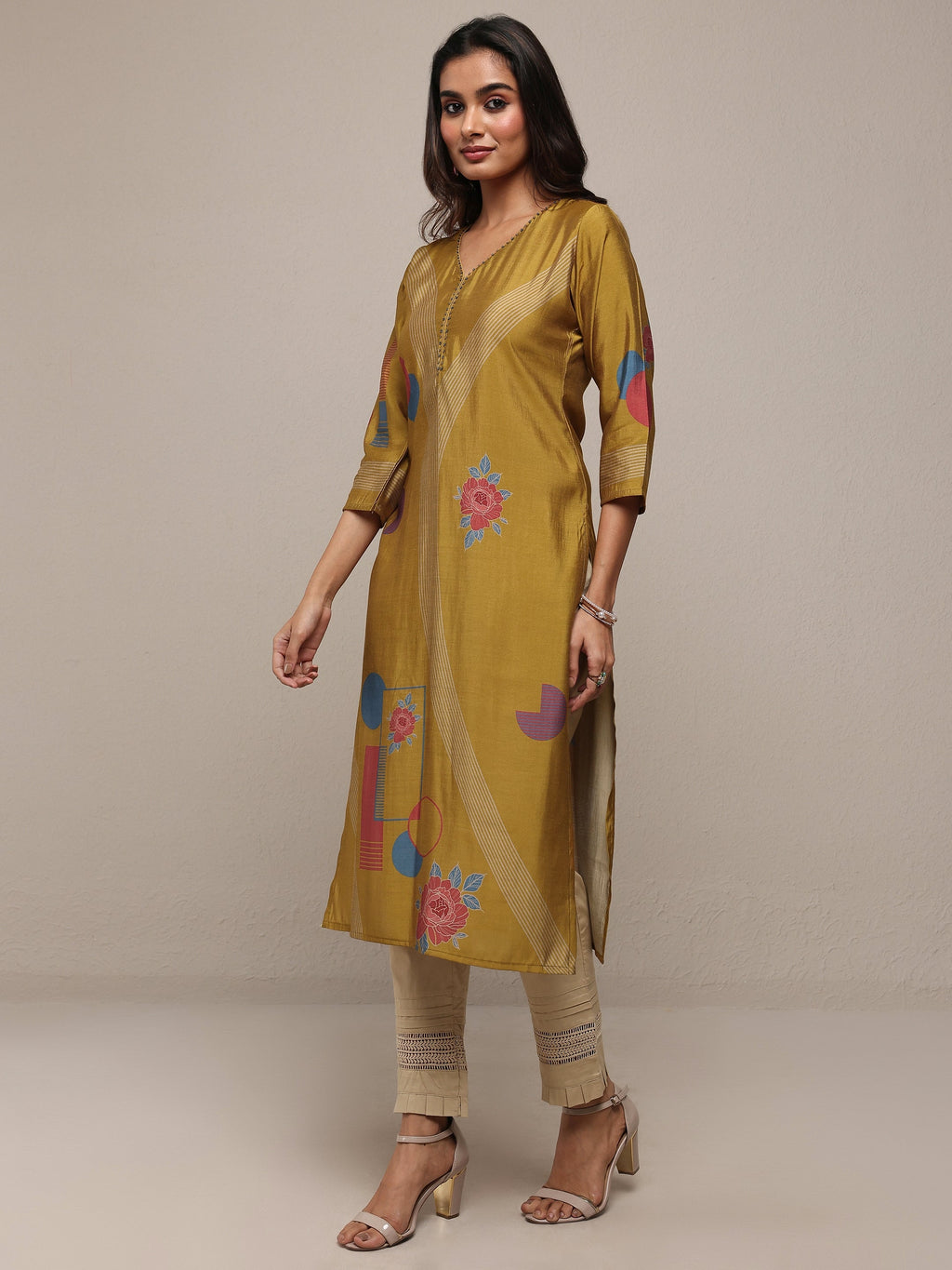 Libas Mustard Floral Printed Silk Blend Straight Kurta