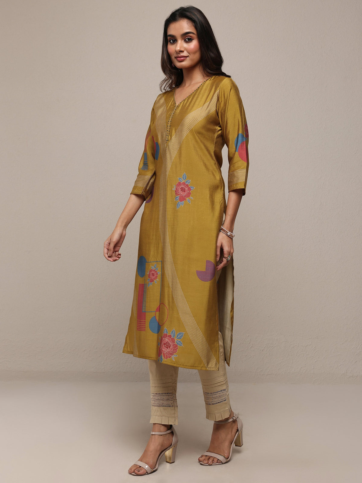 Libas Mustard Floral Printed Silk Blend Straight Kurta