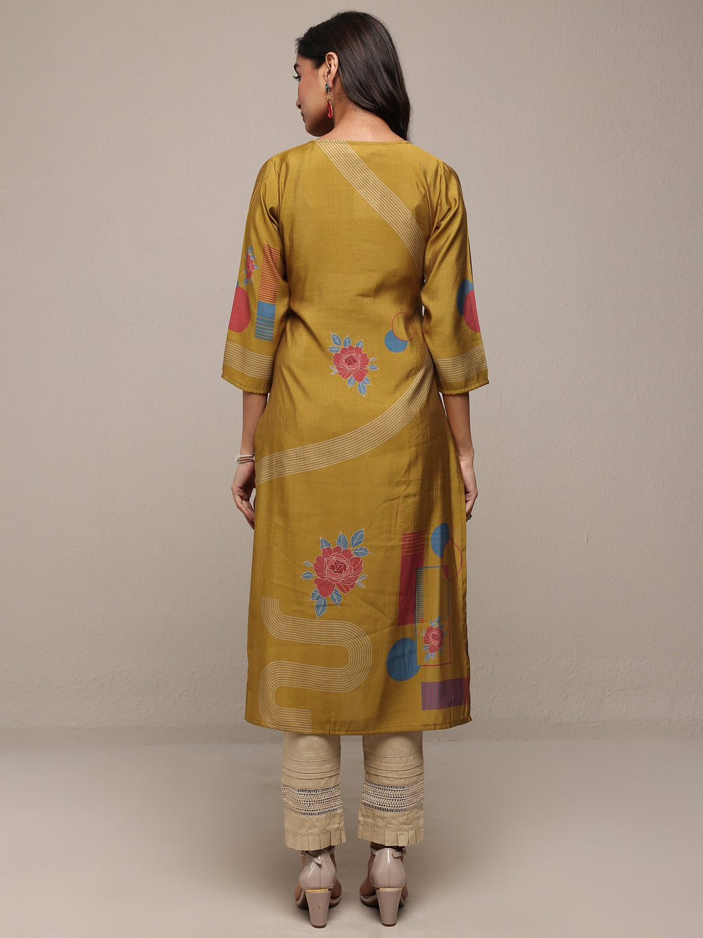 Libas Mustard Floral Printed Silk Blend Straight Kurta