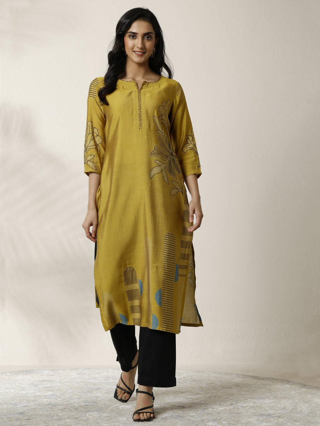 Libas Mustard Printed Silk Blend Straight Kurta