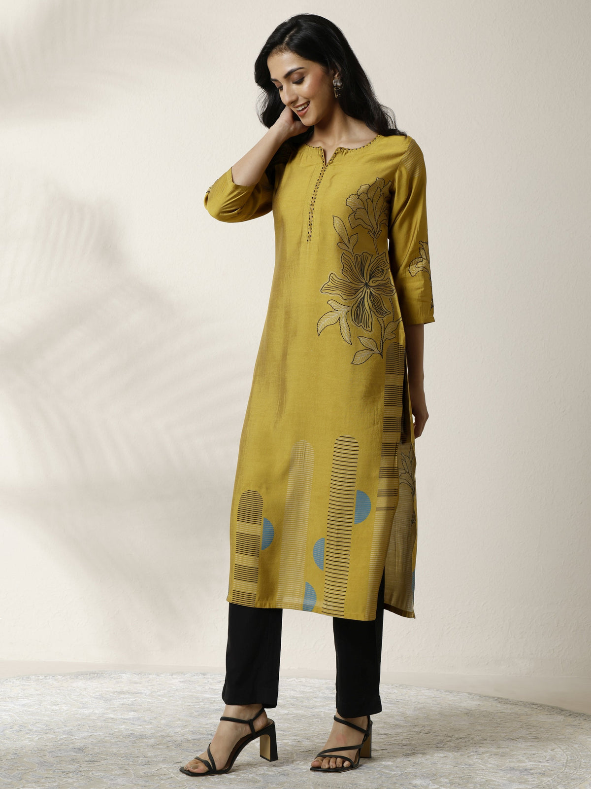 Libas Mustard Printed Silk Blend Straight Kurta