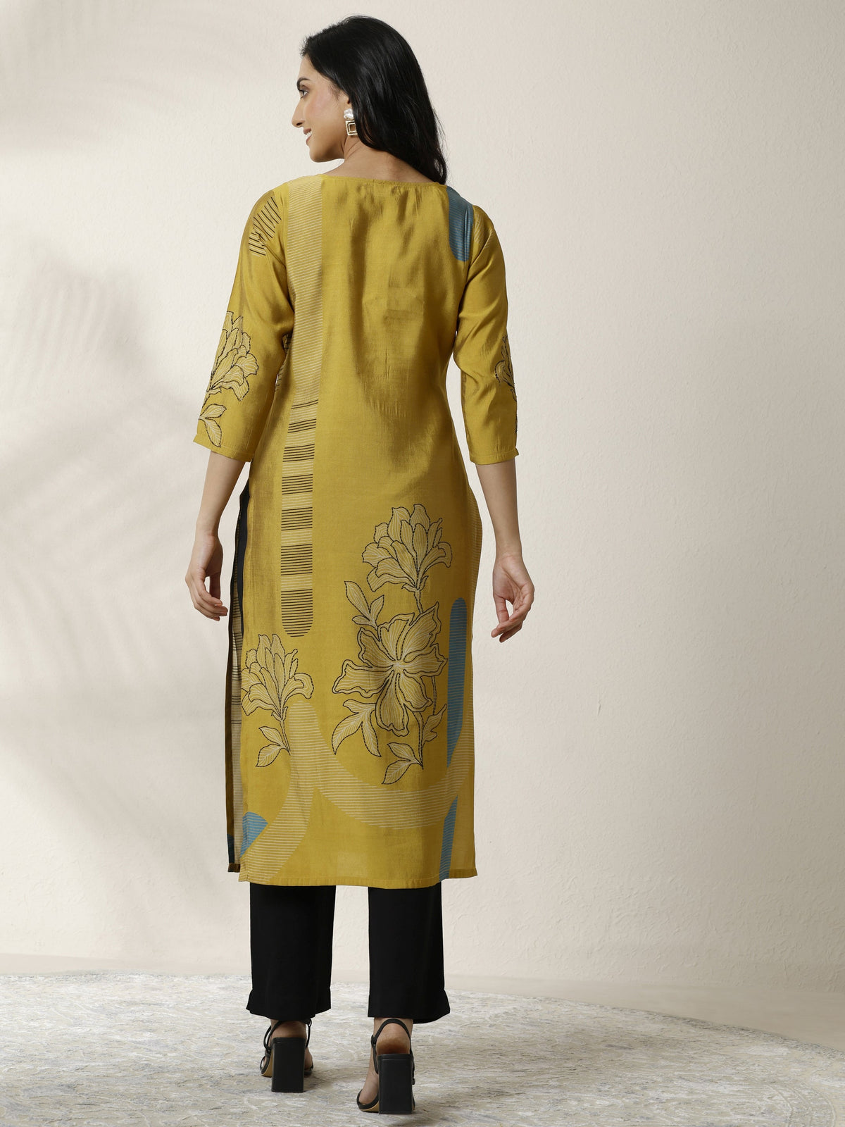 Libas Mustard Printed Silk Blend Straight Kurta