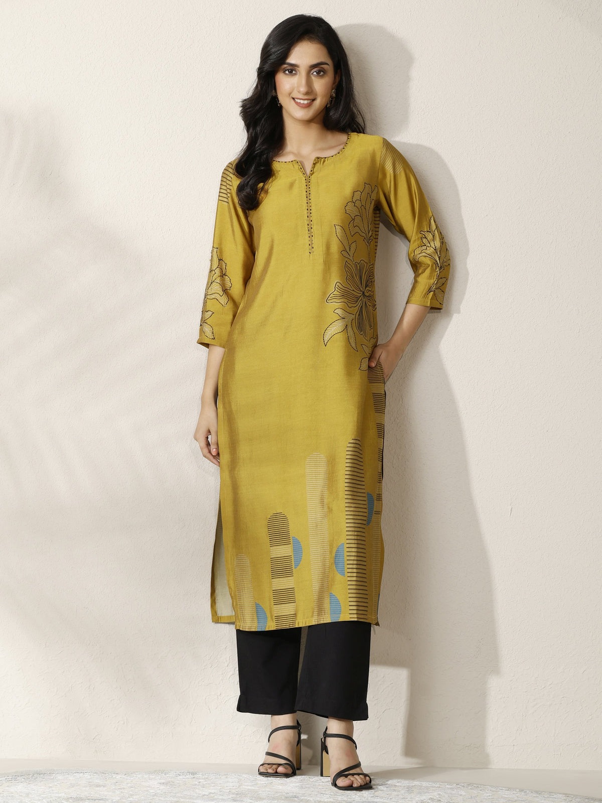 Libas Mustard Printed Silk Blend Straight Kurta