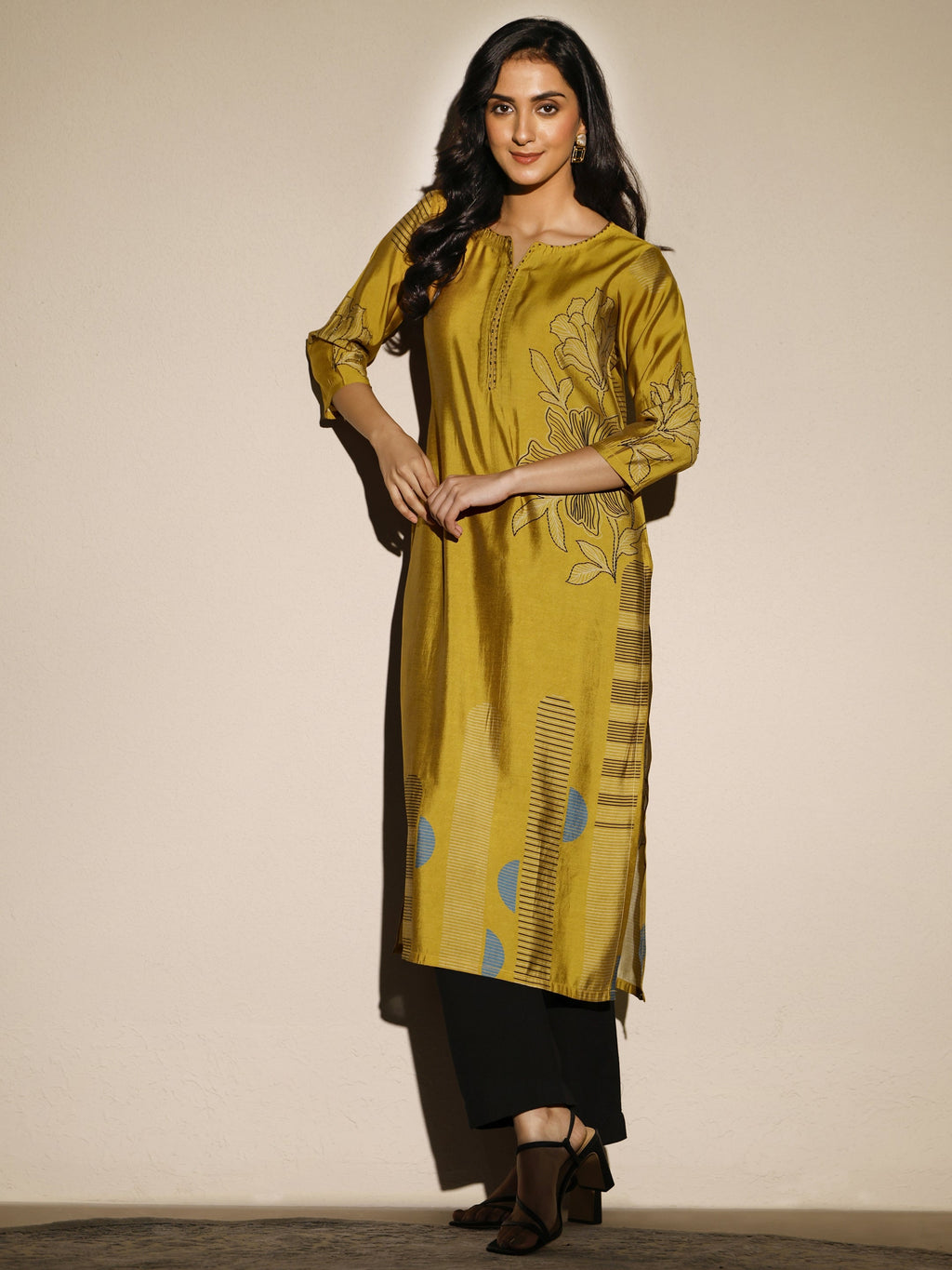 Libas Mustard Printed Silk Blend Straight Kurta