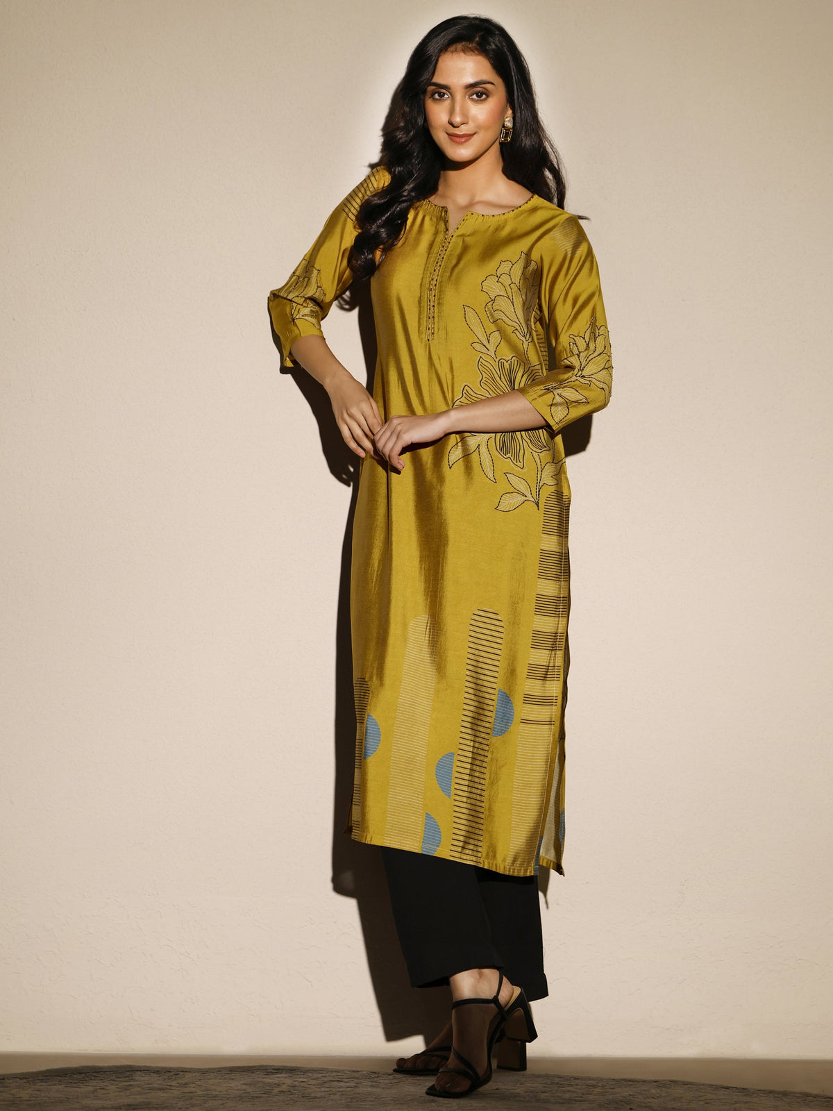 Libas Mustard Printed Silk Blend Straight Kurta