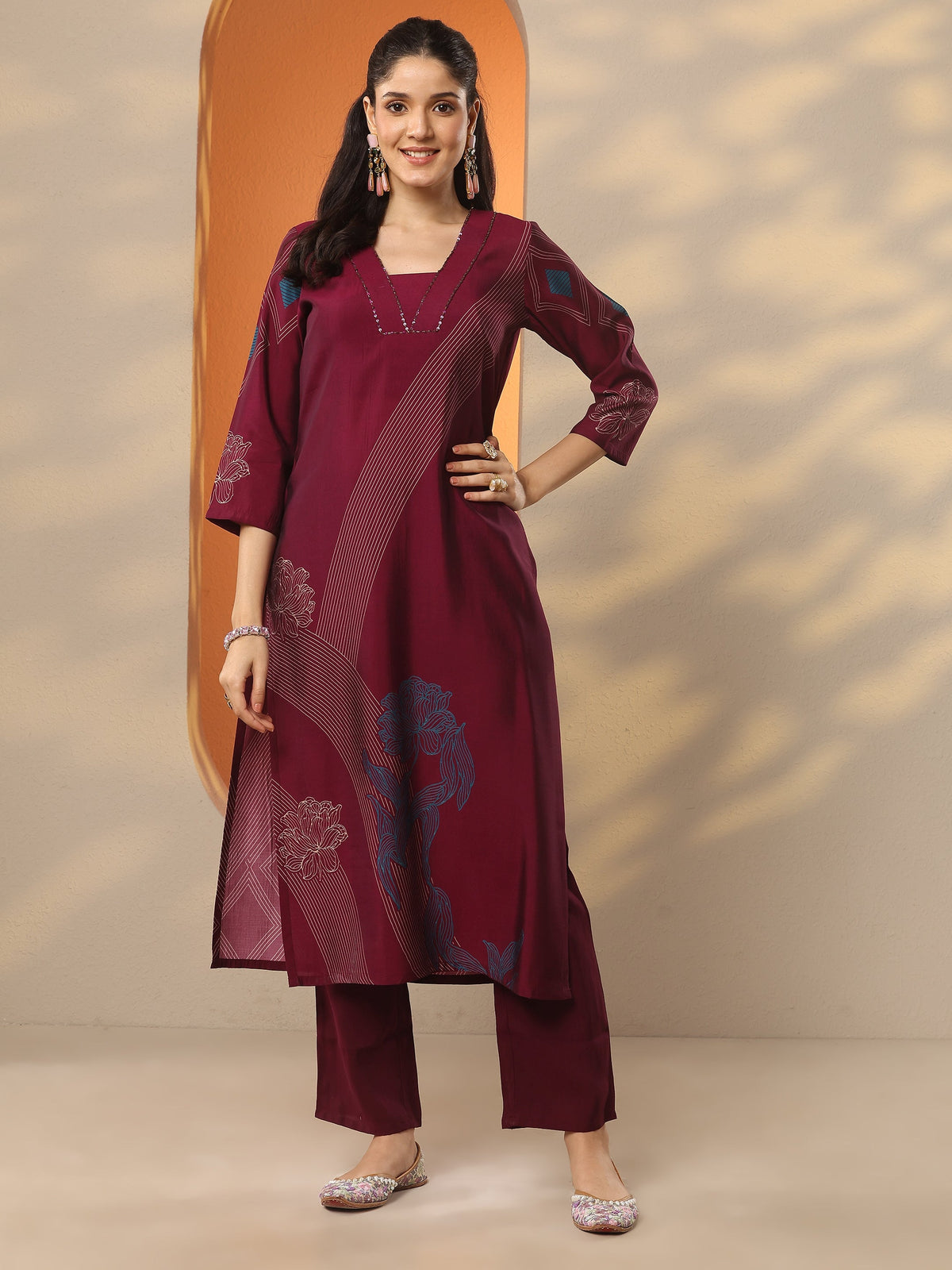 Gerua Burgundy Printed Silk Blend Straight Kurta