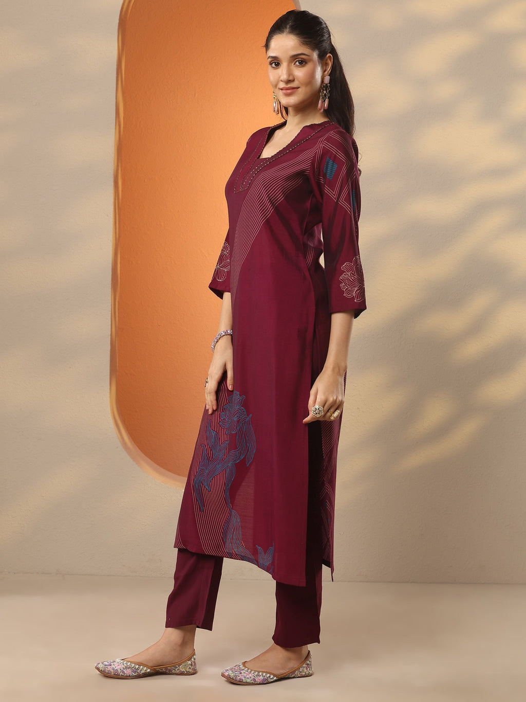 Gerua Burgundy Printed Silk Blend Straight Kurta