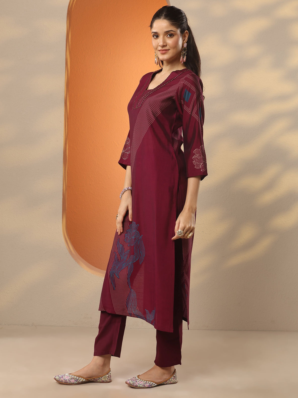 Gerua Burgundy Printed Silk Blend Straight Kurta
