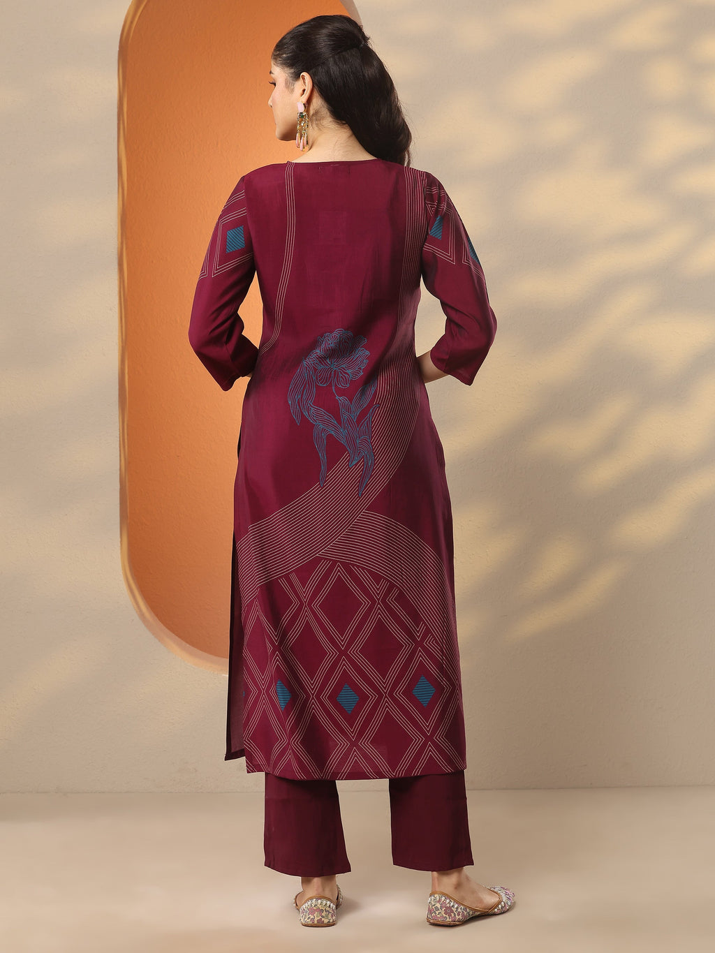 Gerua Burgundy Printed Silk Blend Straight Kurta