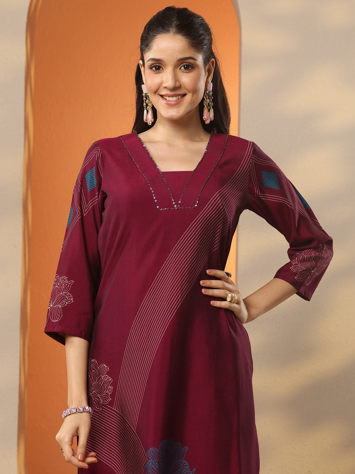 Gerua Burgundy Printed Silk Blend Straight Kurta