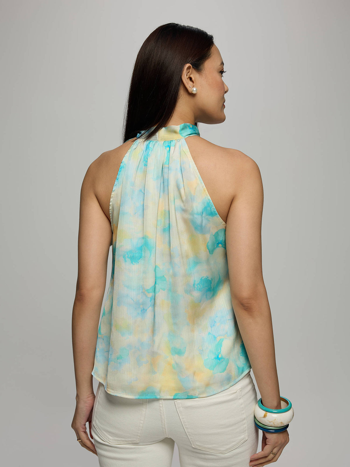 Aqua Satin Abstract Gathered Tie Up Neck Regular Top | HT67 - view 2