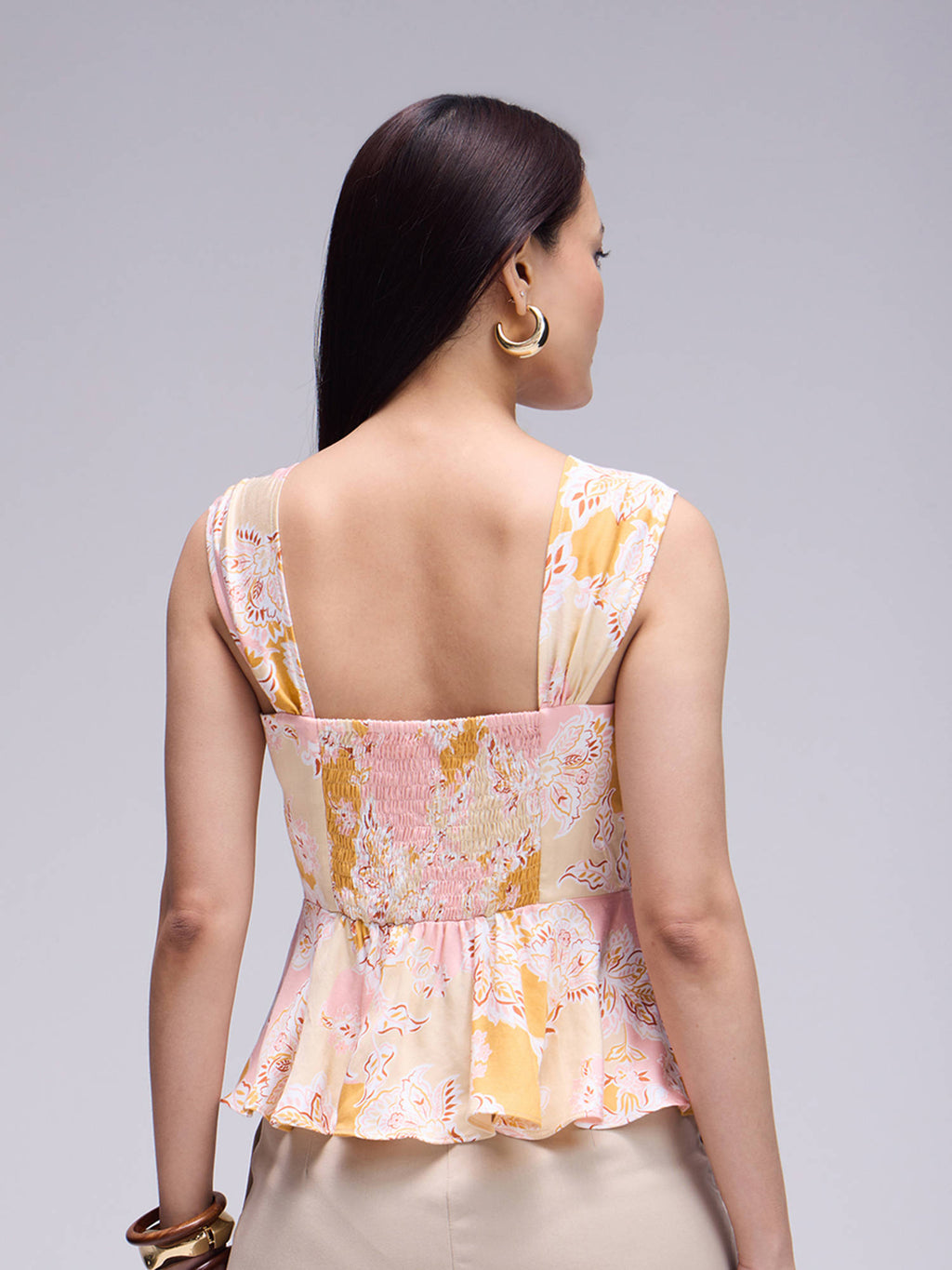 Multi-Color Floral Gathered Square Neck Peplum Top | pt51 - view 2