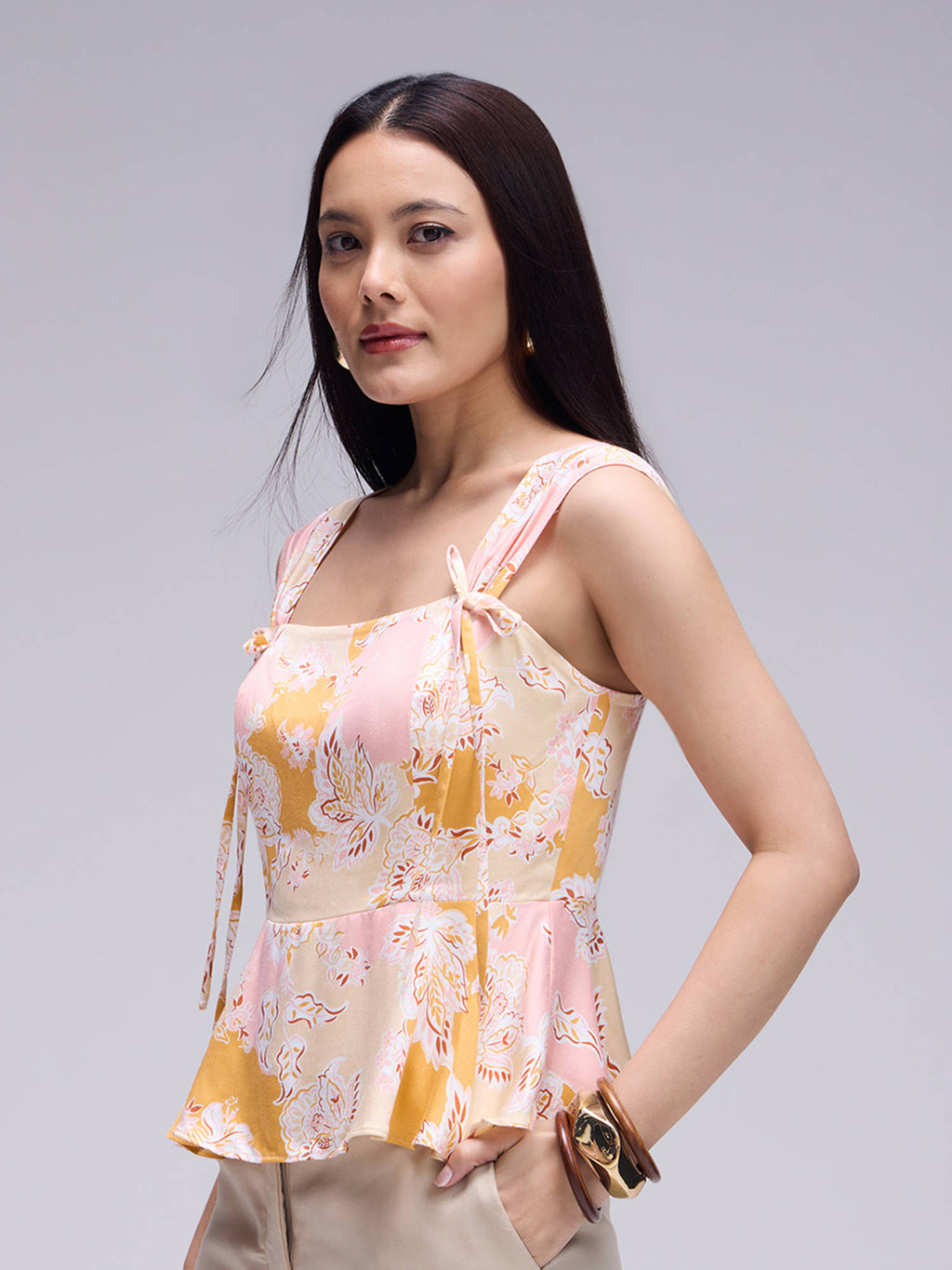 Multi-Color Floral Gathered Square Neck Peplum Top | pt51 - view 3