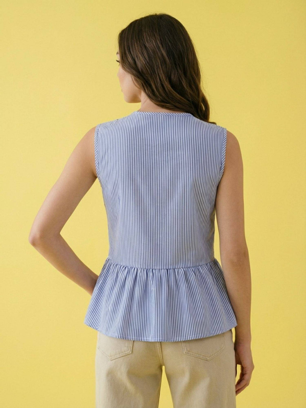 Blue Women Sleeveless Striped Button Front Peplum Top | pt51 - view 2