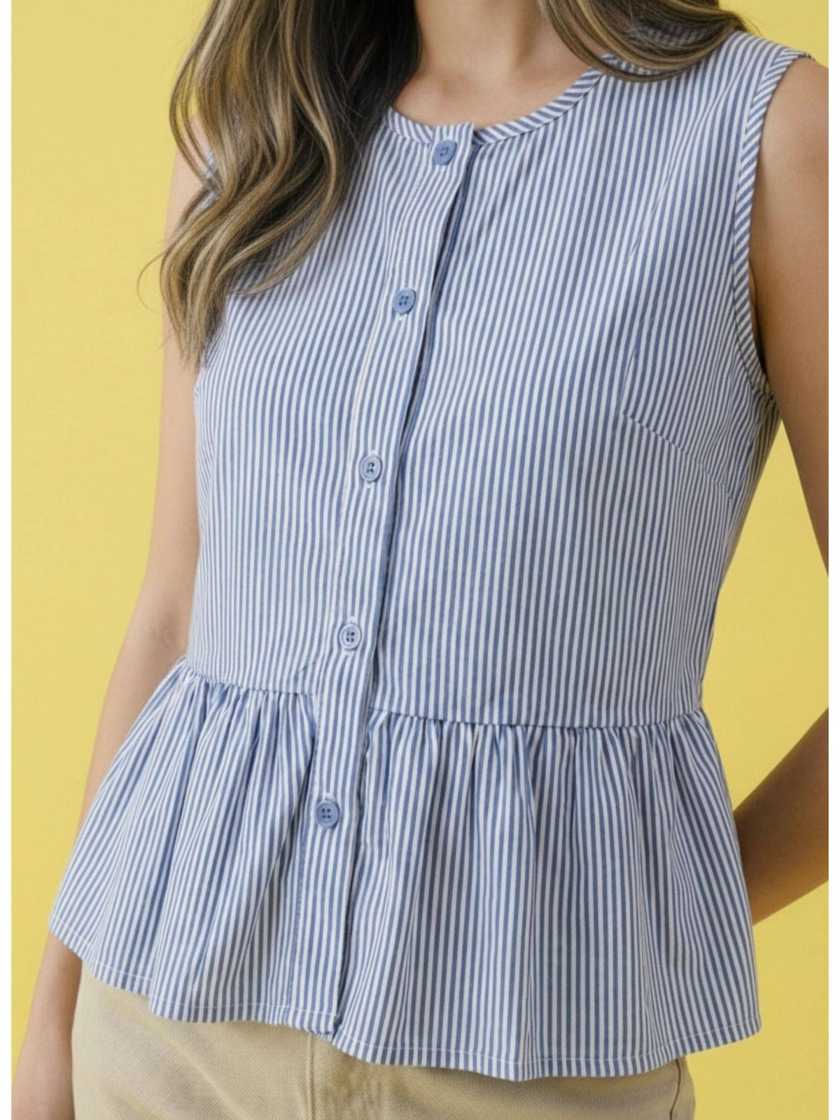 Blue Women Sleeveless Striped Button Front Peplum Top | pt51 - view 5