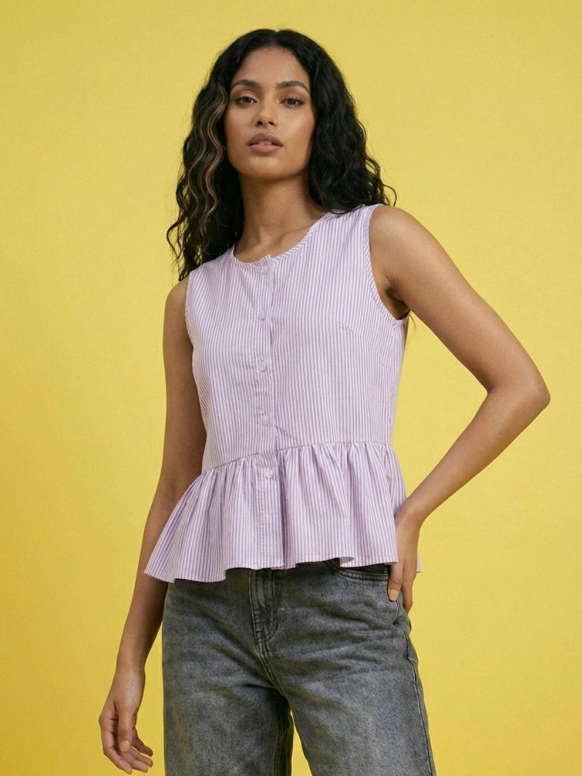 Blue Women Sleeveless Striped Button Front Peplum Top | pt51 - view 6