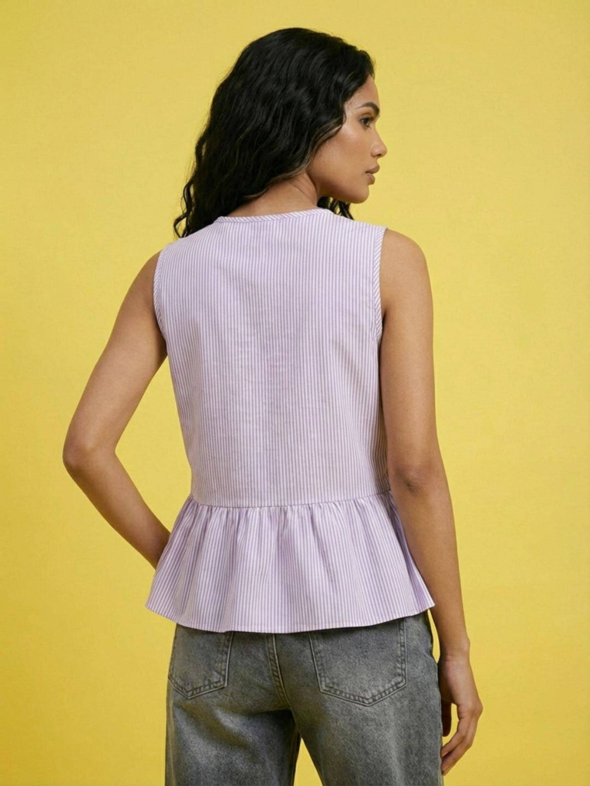 Purple Women Sleeveless Striped Button Front Peplum Top | pt51 - view 2