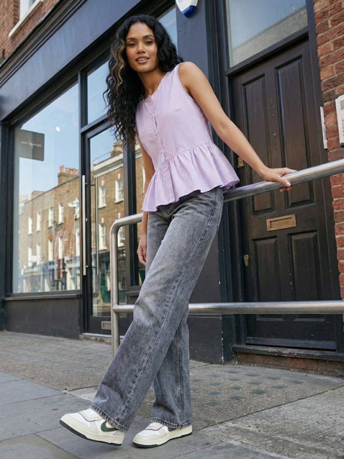 Purple Women Sleeveless Striped Button Front Peplum Top | pt51 - view 3