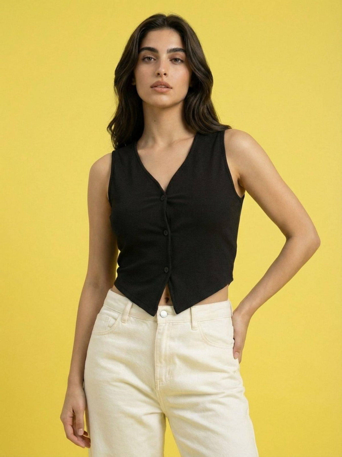 Women Black Sleeveless V Neck Crop Top | CT61 - view 1