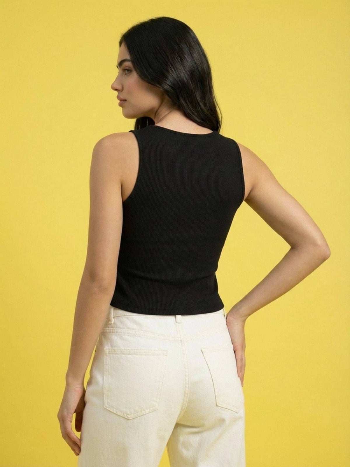 Women Black Sleeveless V Neck Crop Top | CT61 - view 2