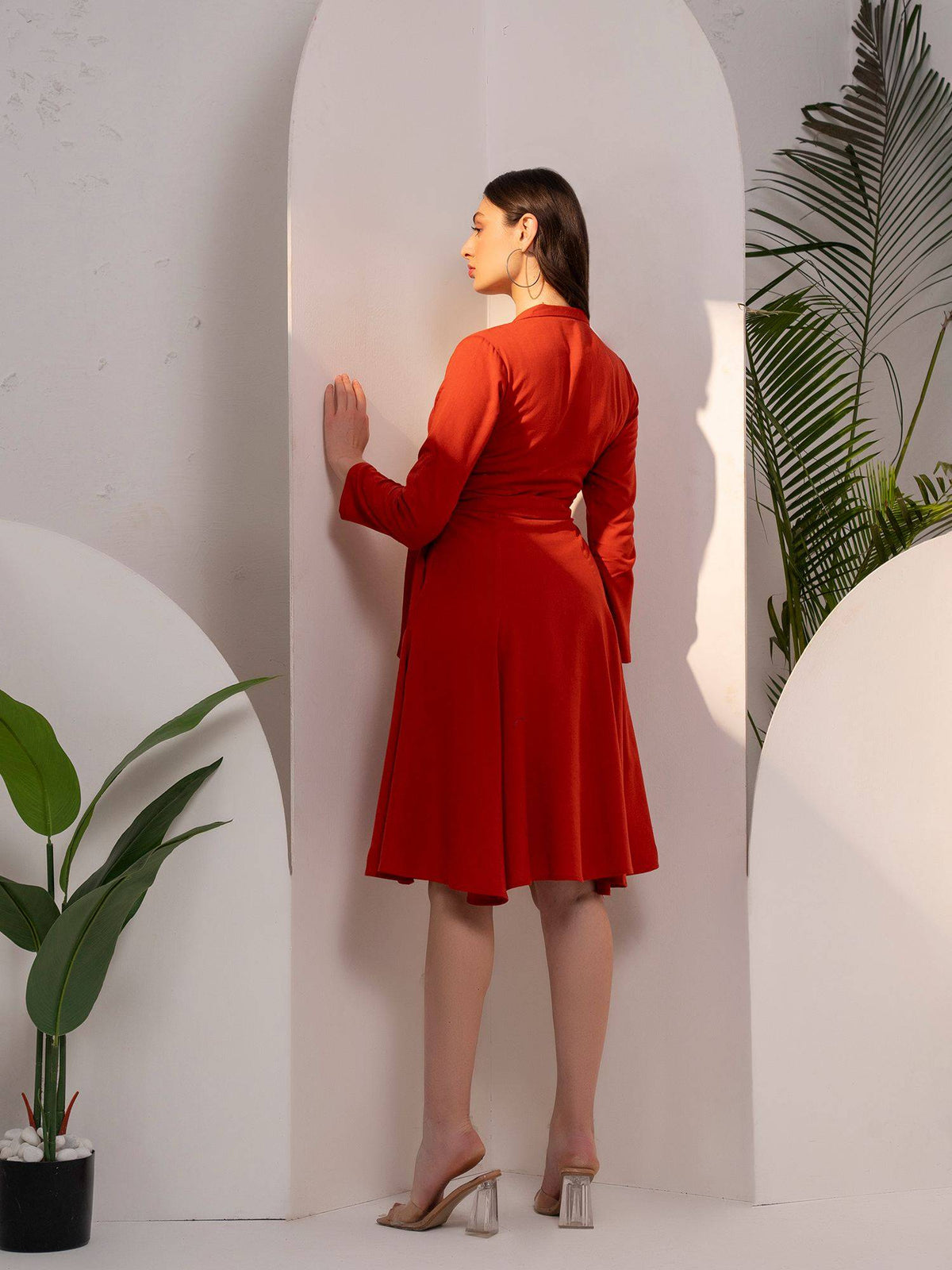 Flared Rust Shirt Dress With Belt | D56 - view 2