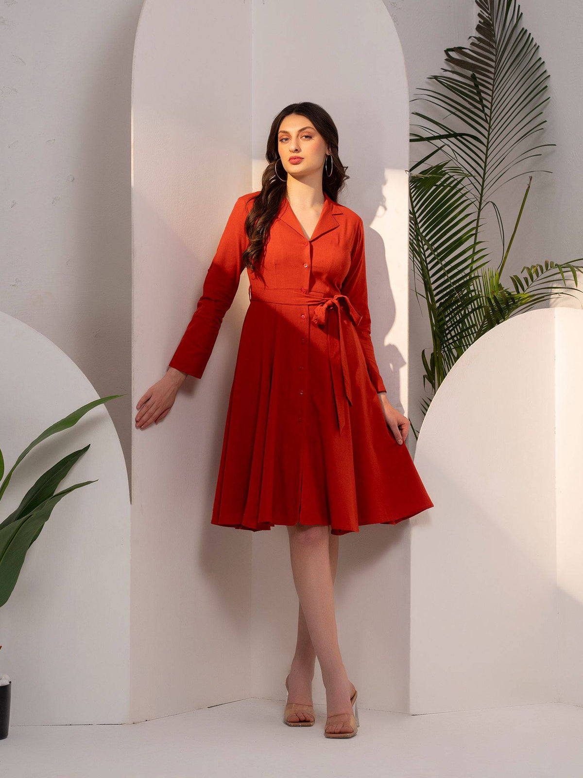 Flared Rust Shirt Dress With Belt | D56 - view 3