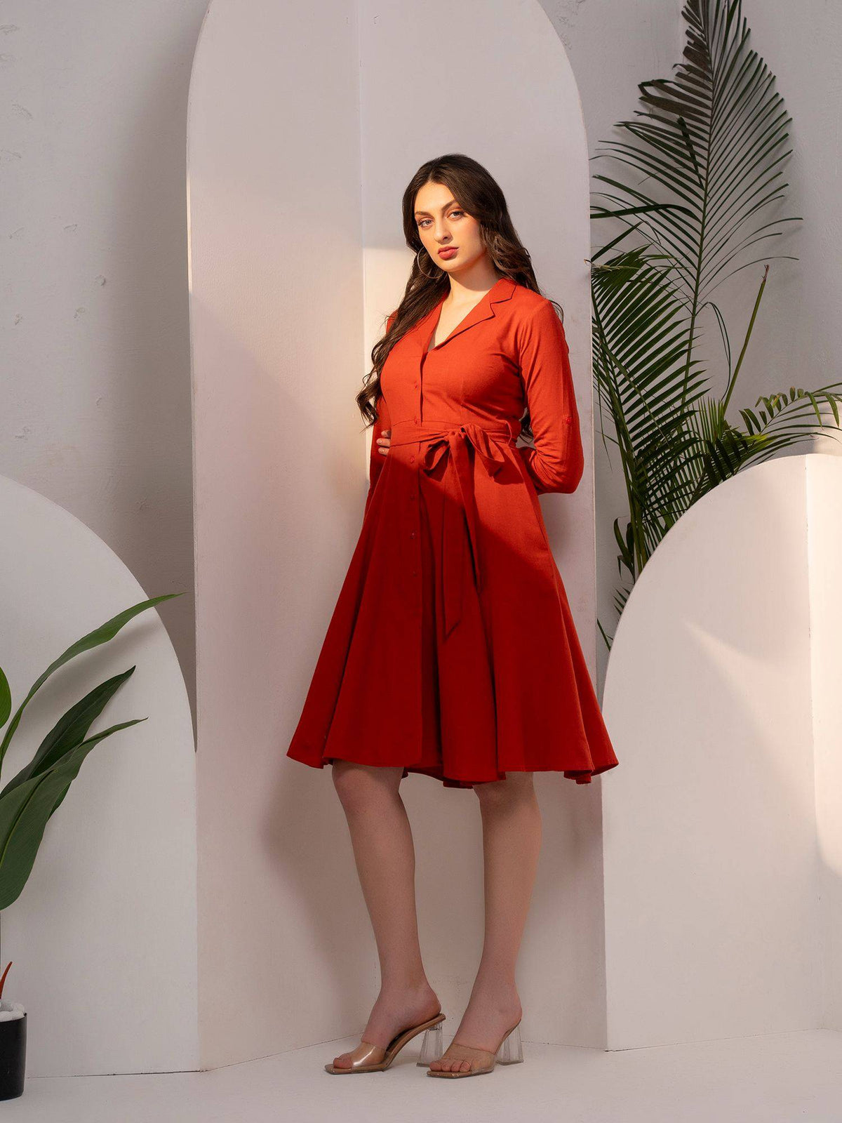 Flared Rust Shirt Dress With Belt | D56 - view 4