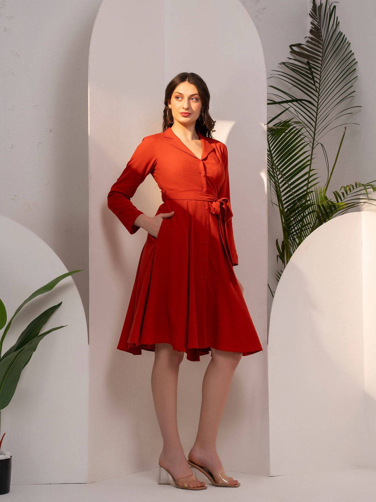 Flared Rust Shirt Dress With Belt | D56 - view 5