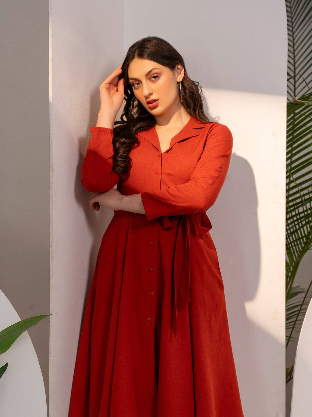 Flared Rust Shirt Dress With Belt | D56 - view 6