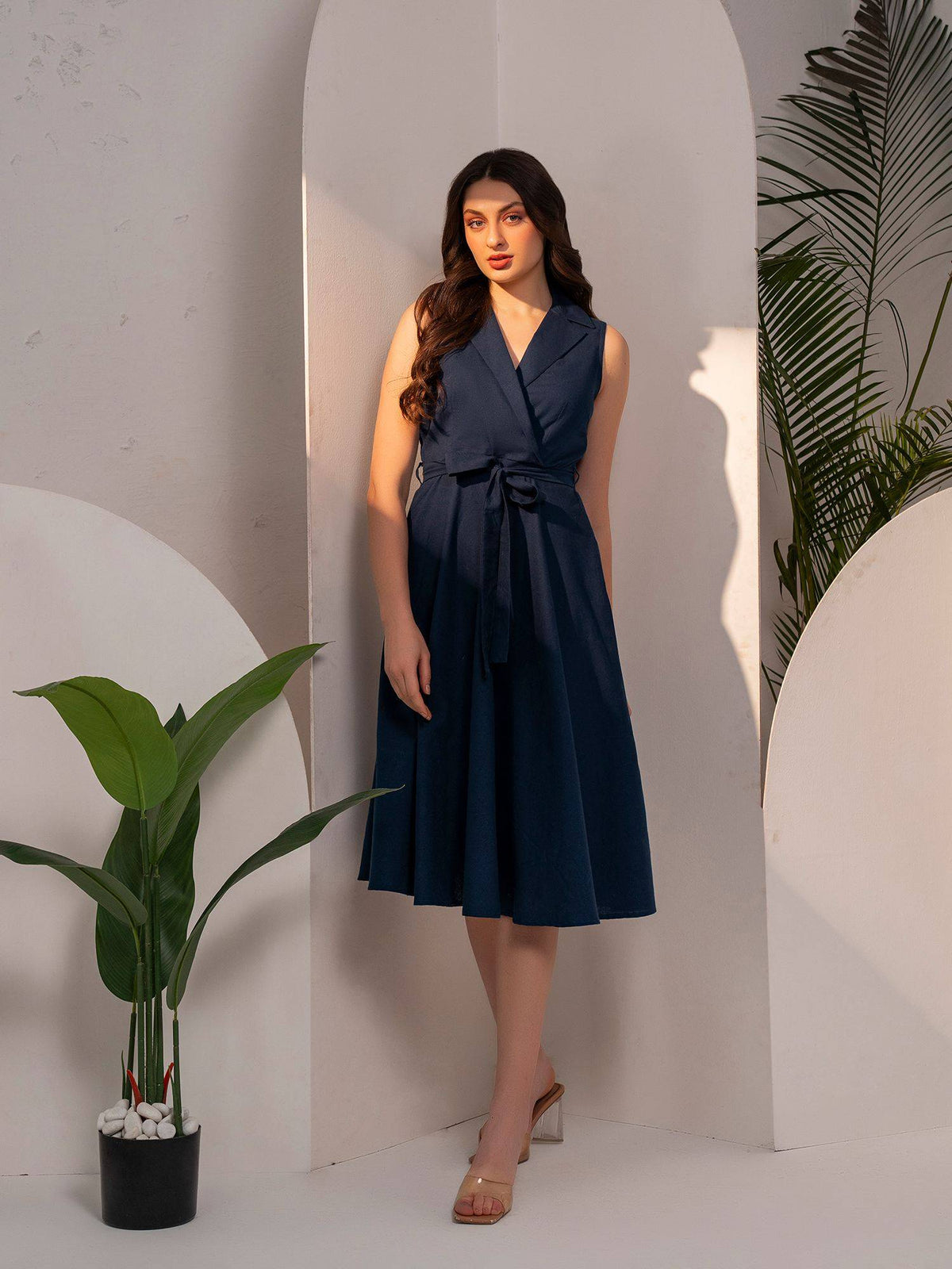 Navy Blue Fit And Flare Dress With Belt | D56 - view 1