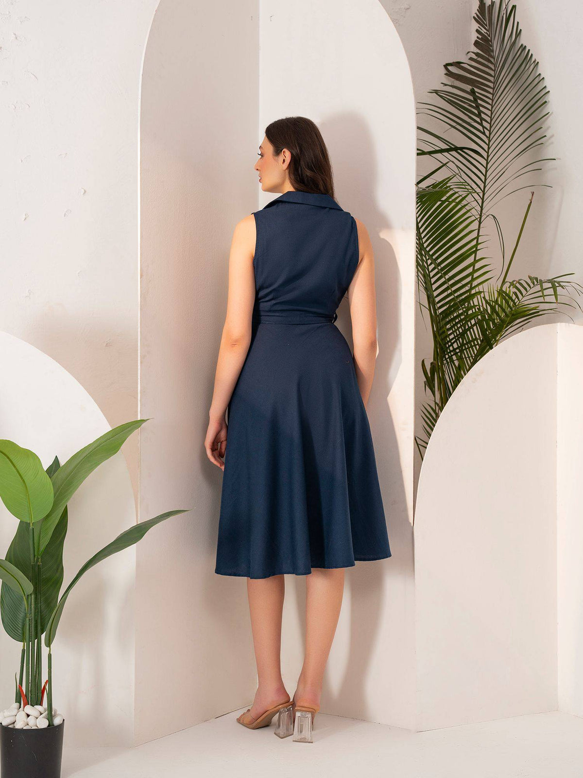 Navy Blue Fit And Flare Dress With Belt | D56 - view 2