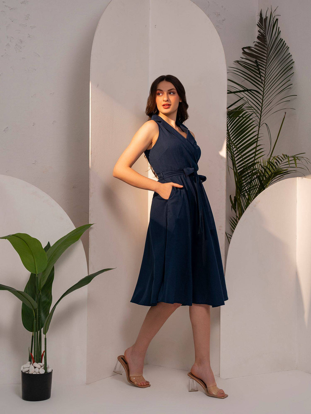 Navy Blue Fit And Flare Dress With Belt | D56 - view 4