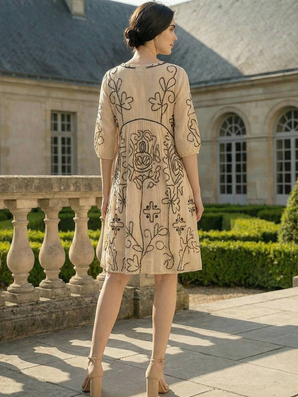 Off White Embroidered A-Line Knee Length Dress | D56 - view 2