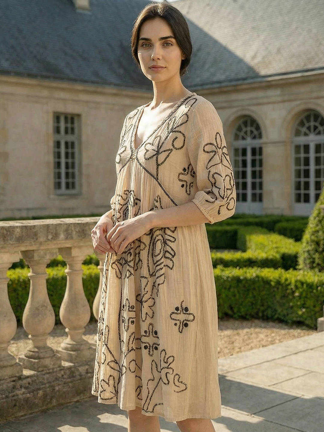 Off White Embroidered A-Line Knee Length Dress | D56 - view 3