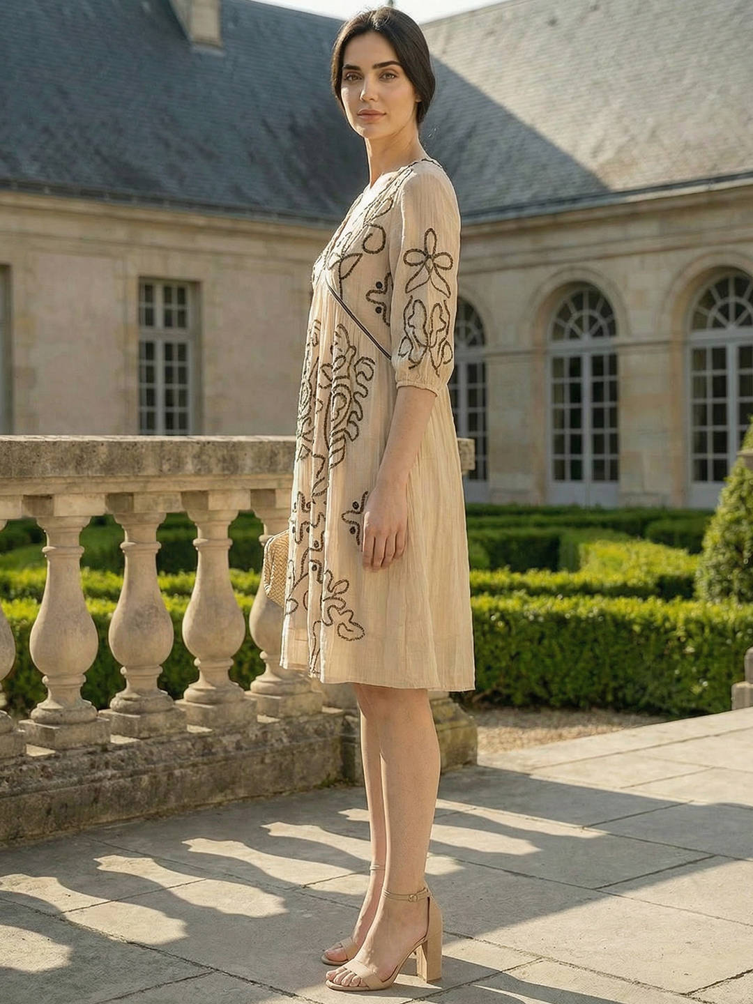 Off White Embroidered A-Line Knee Length Dress | D56 - view 4