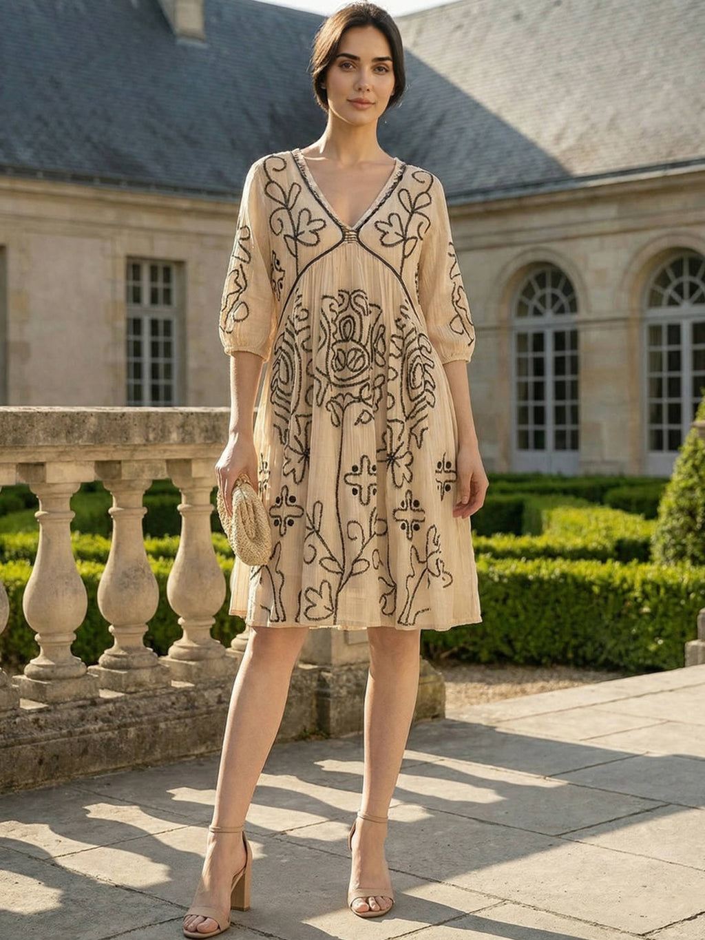Off White Embroidered A-Line Knee Length Dress | D56 - view 5