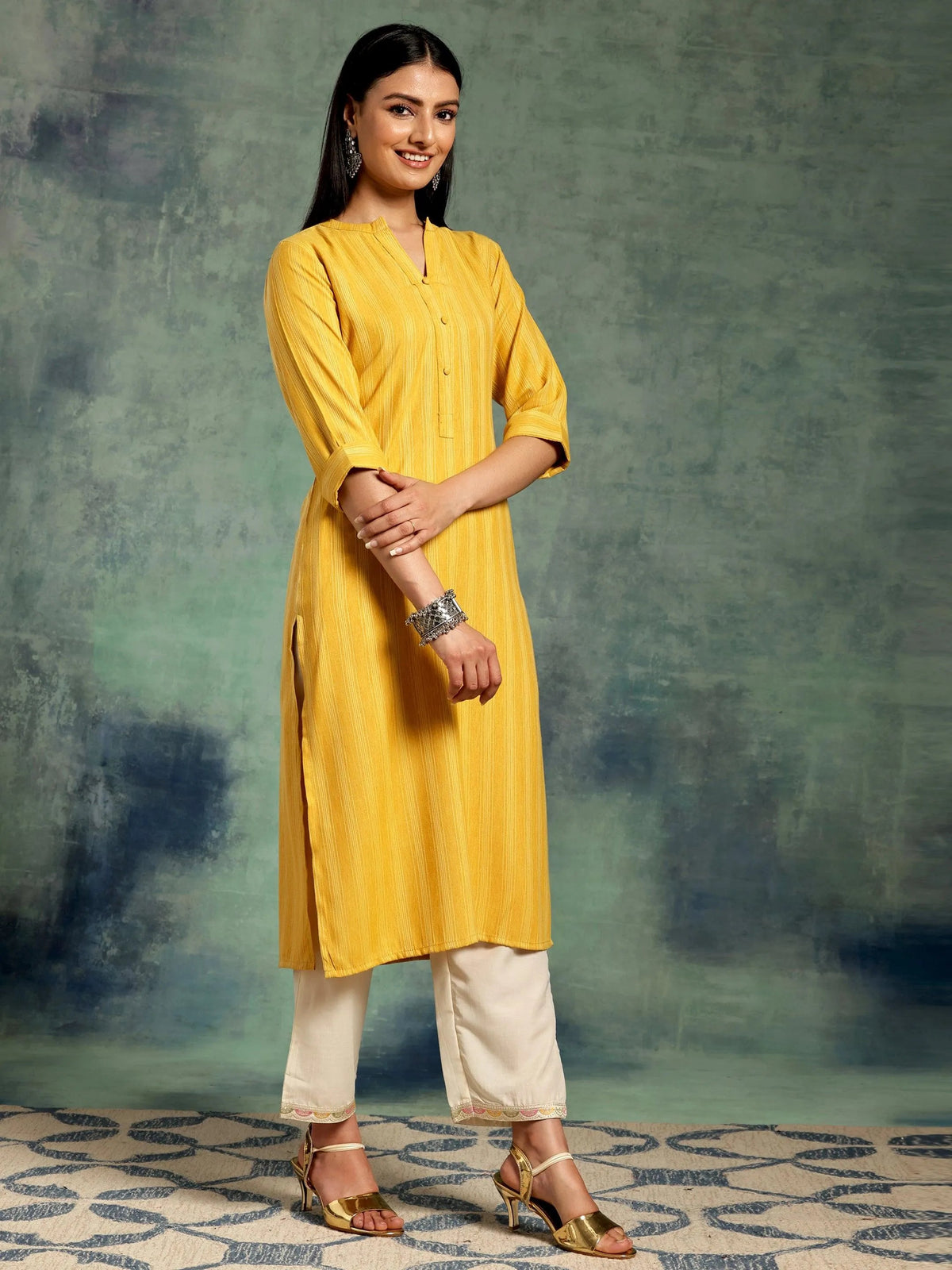 Gerua Yellow Woven Design Rayon Straight Kurta