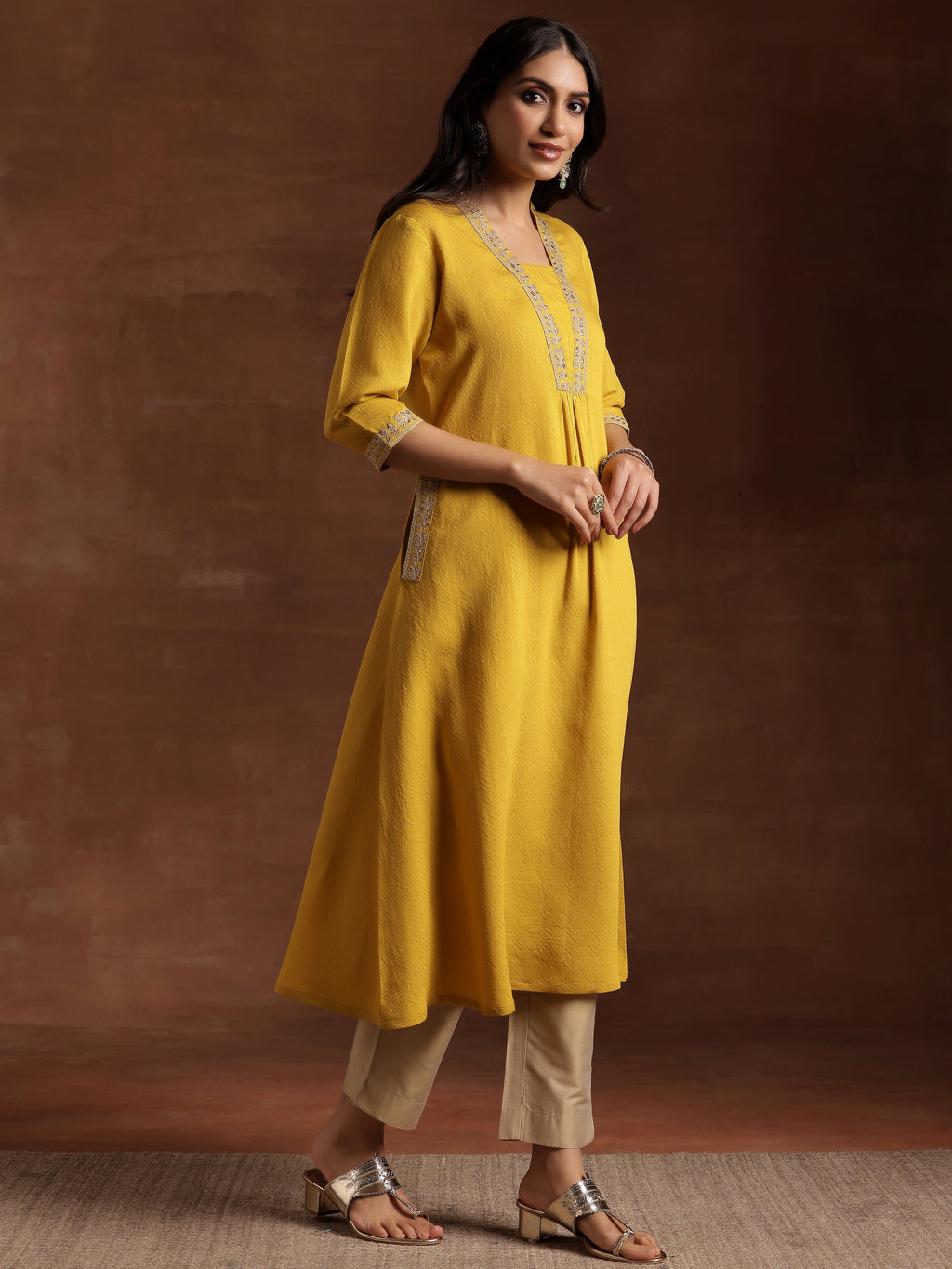Libas Yellow Yoke Design Silk A-Line Kurta