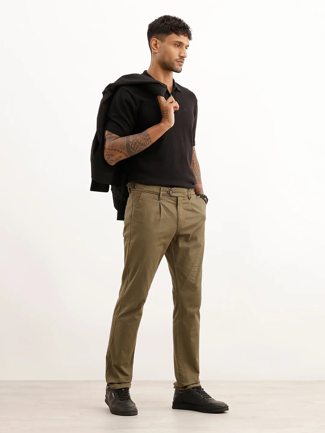 Solid Slim Fit Pleated Trouser | Olive