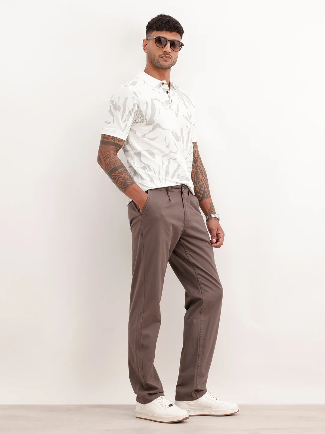 Solid Straight Fit Pleated Trouser | Grey