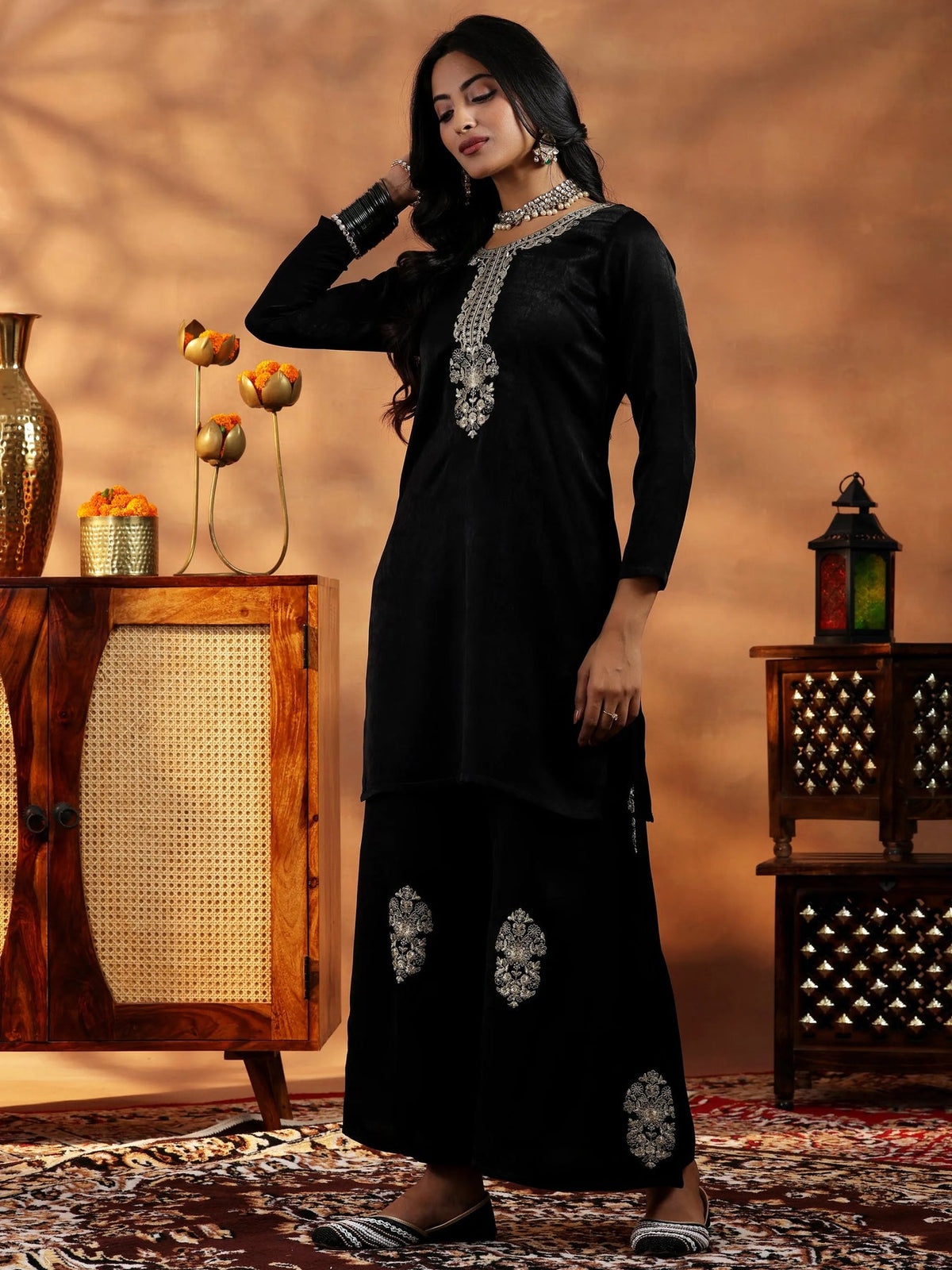 Libas Black Embroidered Velvet Co-Ords CO87