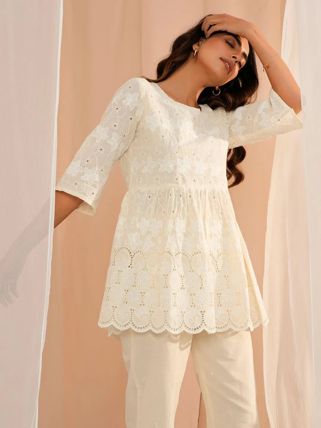 Libas Zoya Off White Embroidered Cotton A-Line Kurti P23