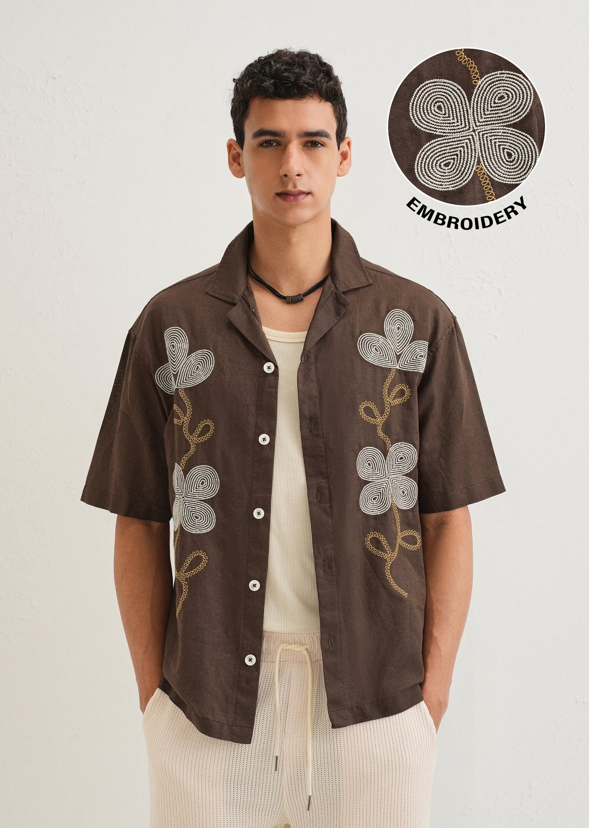 Coffee Brown Embroidery Cuban Collar Shirt