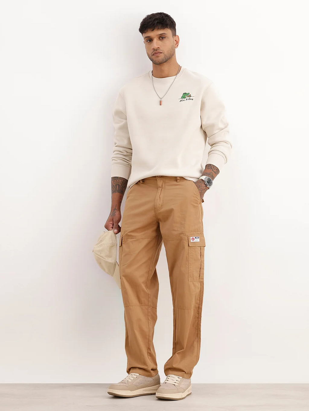 Solid Loose Fit Cargo Trousers | Brown
