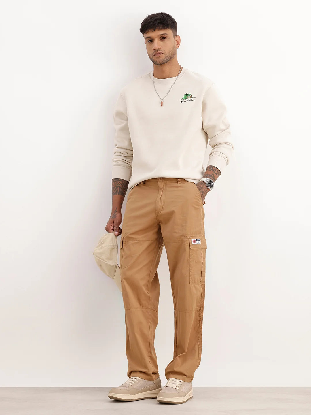 Solid Loose Fit Cargo Trousers | Brown