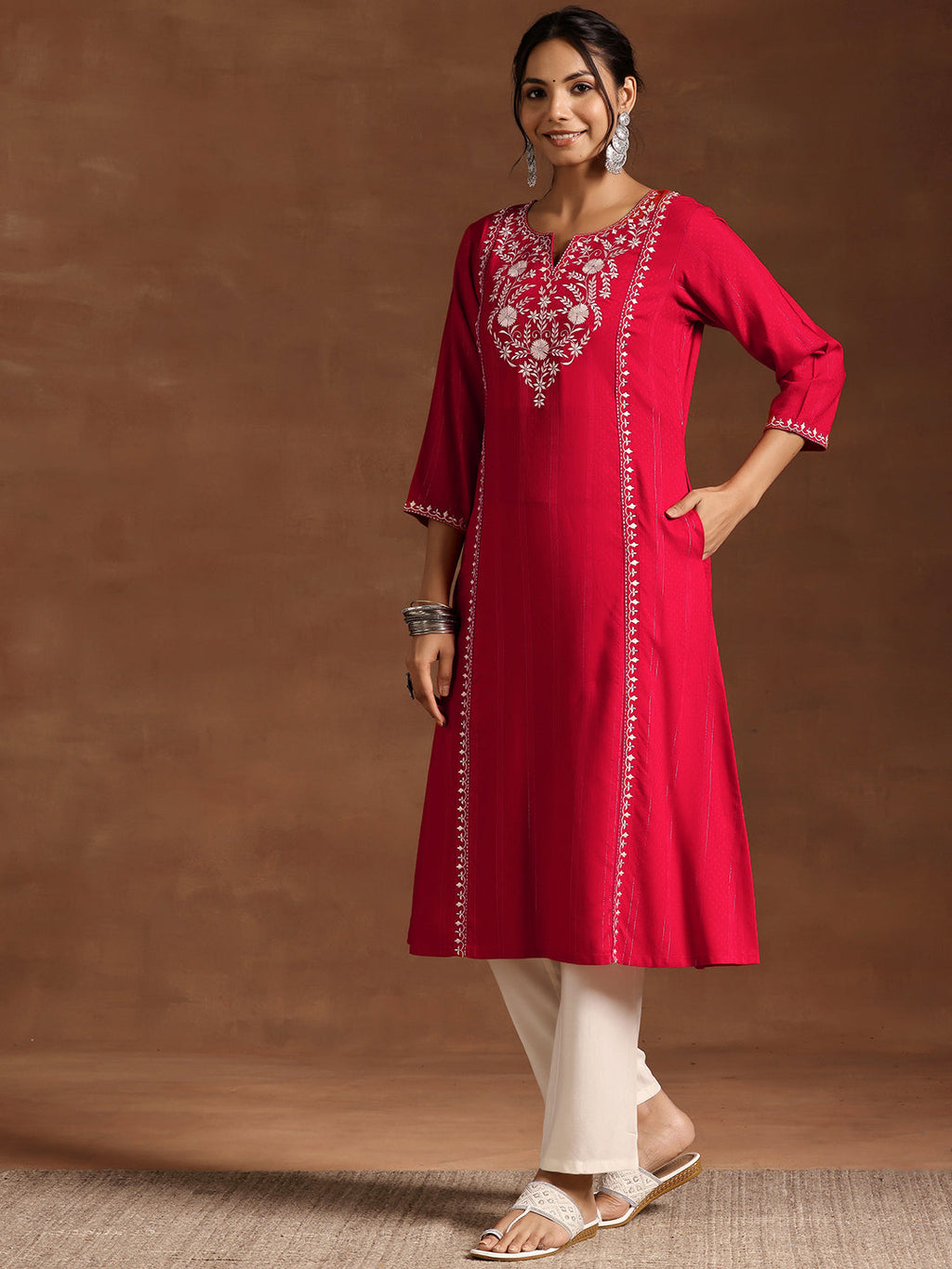 Libas Red Yoke Design Rayon A-Line Kurta