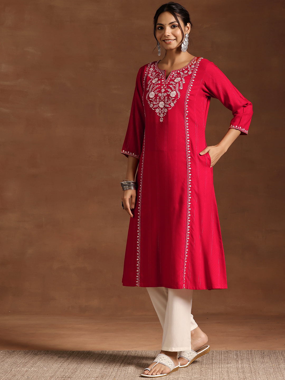 Libas Red Yoke Design Rayon A-Line Kurta