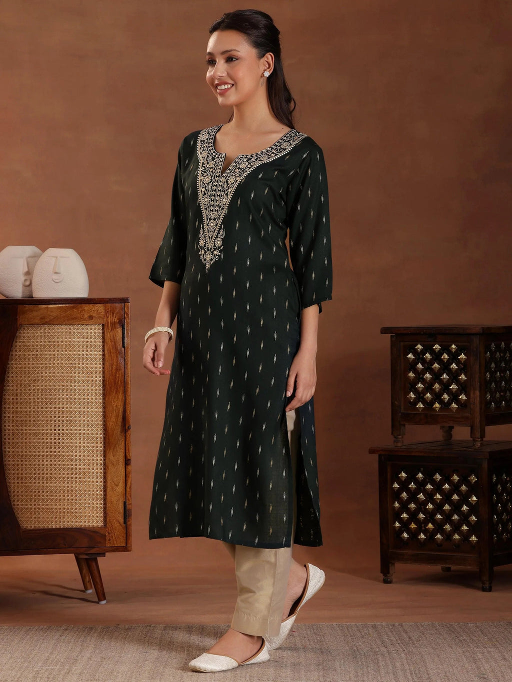 Gerua Green Woven Design Cotton Blend Straight Kurta