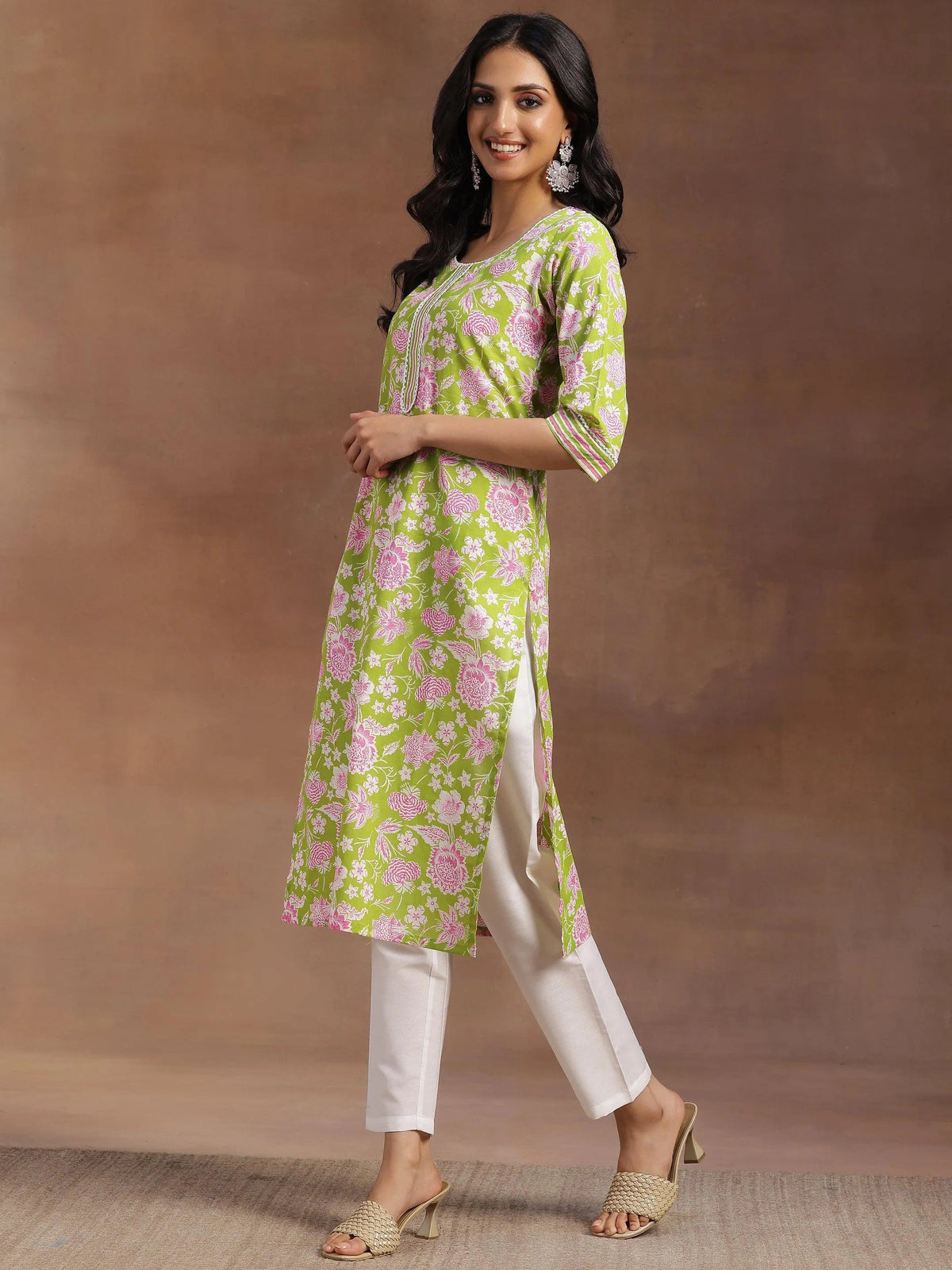 Libas Green Printed Cotton Straight Kurta