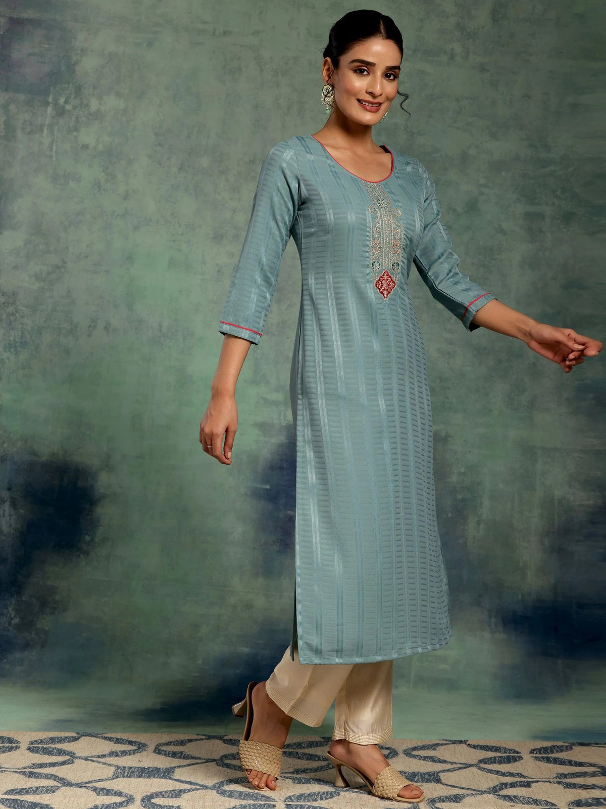 Libas Blue Yoke Design Silk Straight Kurta